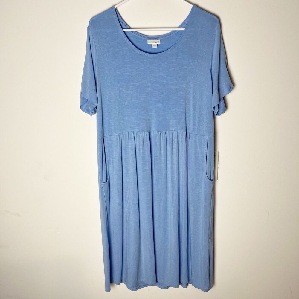 J Jill Women's Dress  Blue Large Stretch Round‎ Neck Short Sleeve Midi 205